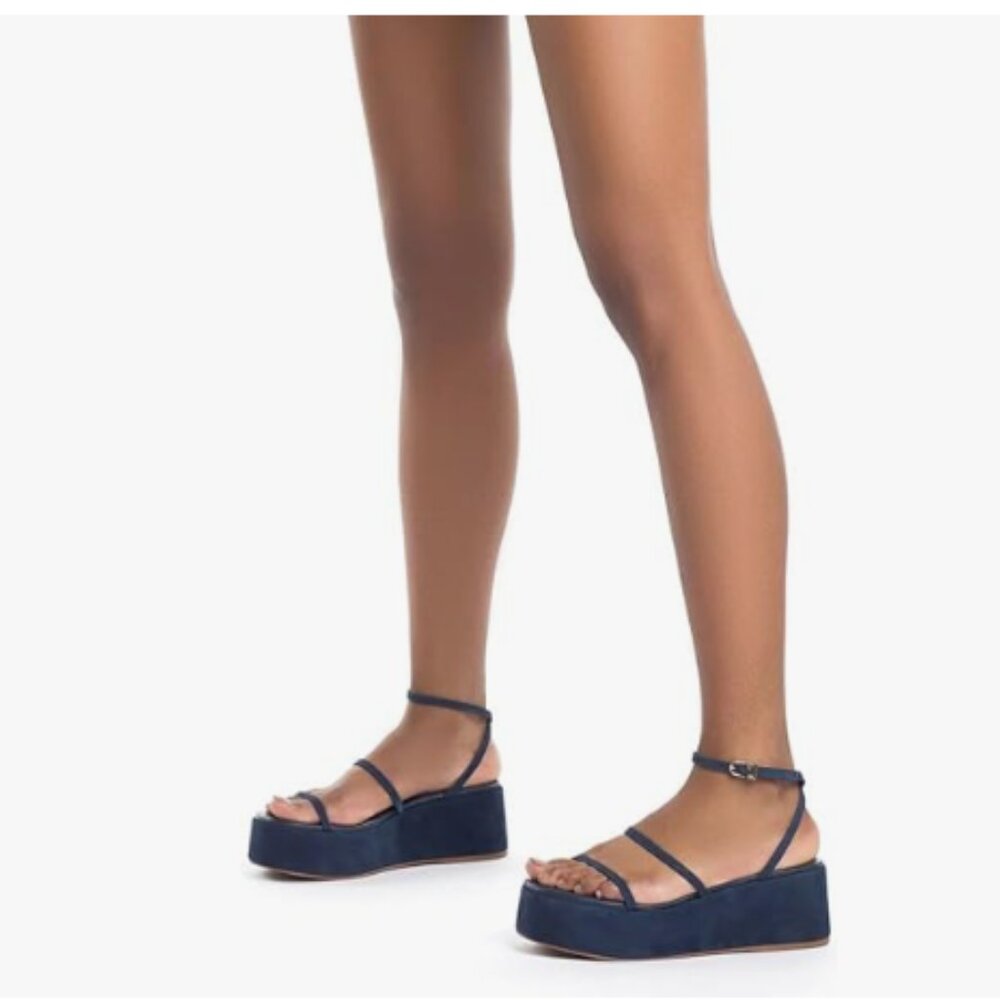 Pazzion Dark Blue Platform Strappy Open Toe Wedge Heel Sandal Strap Buckle Shoes